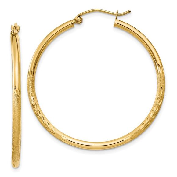 10k Yellow Gold Satin & Diamond-cut 2mm Round Tube Hoop Earrings